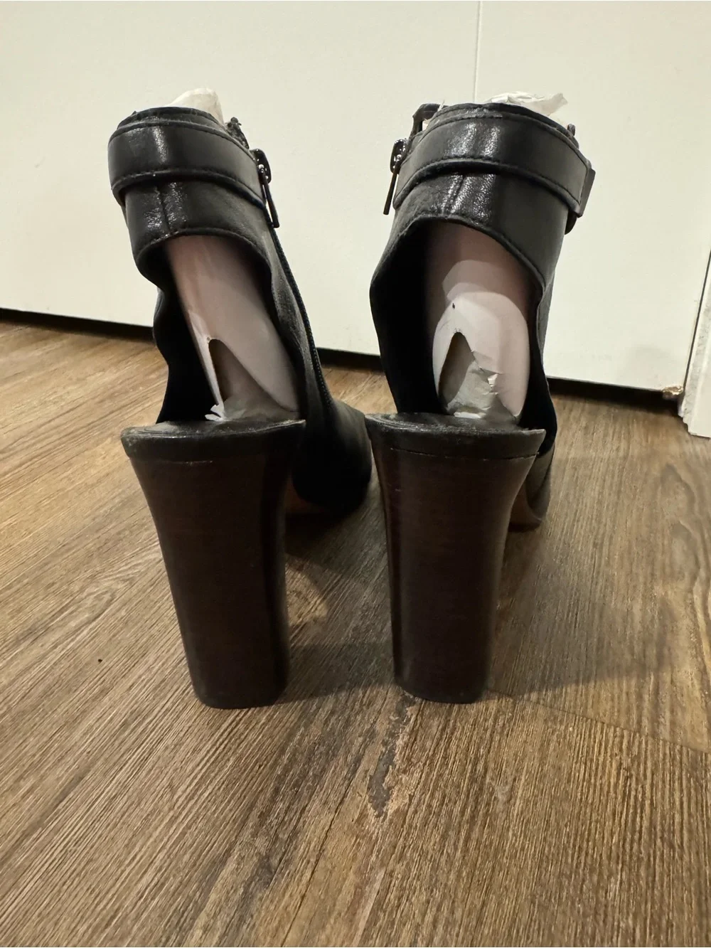 Coach Black Leather Open-Toe Ankle Booties with Buckle